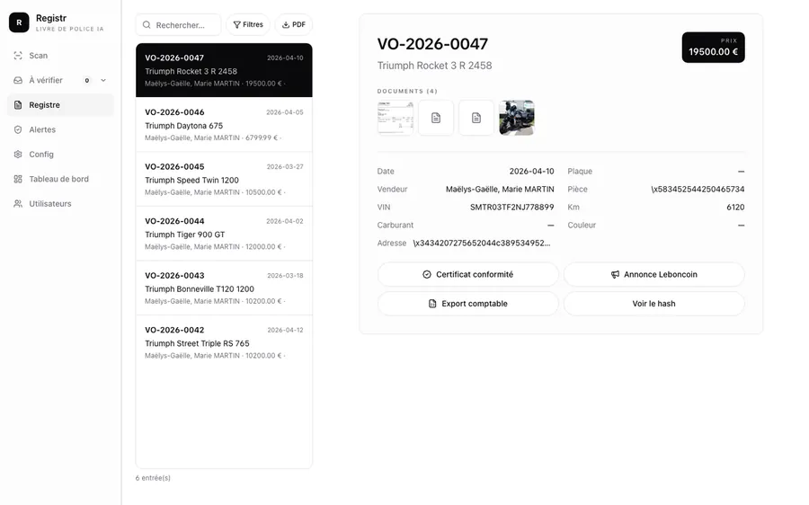 Le livre de police Registr exporté en PDF, sur ordinateur